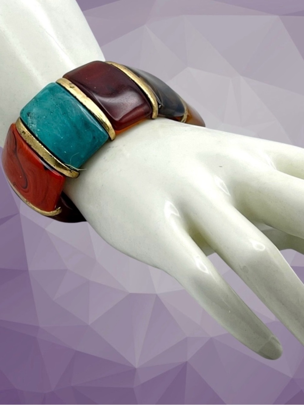 Bold Chunky Colorful Vintage Resin Section Stretch Statement Bracelet